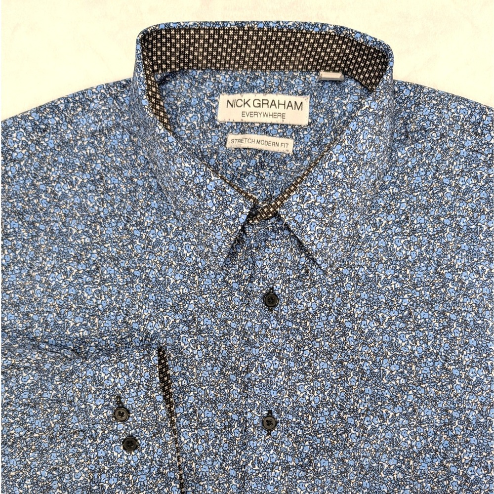 Nick Graham Everywhere Mens 2XLT Blue Floral Stretch Modern Fit‎ Dress Shirt